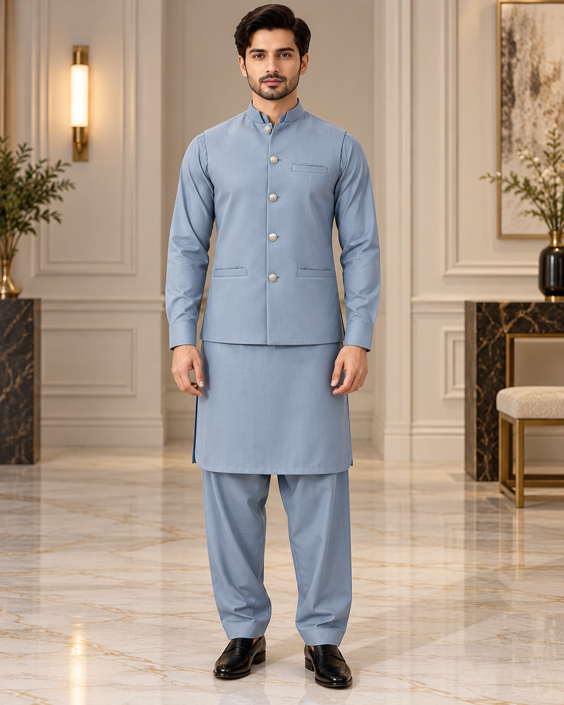Premium Sky Blue Shalwar Kameez with Matching Waistcoat