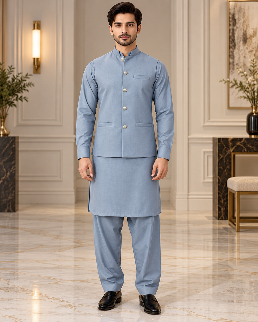 Premium Sky Blue Shalwar Kameez with Matching Waistcoat