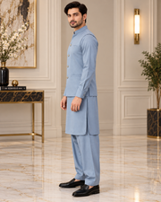 Premium Sky Blue Shalwar Kameez with Matching Waistcoat