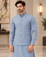 Premium Sky Blue Shalwar Kameez with Matching Waistcoat