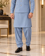 Premium Sky Blue Shalwar Kameez with Matching Waistcoat