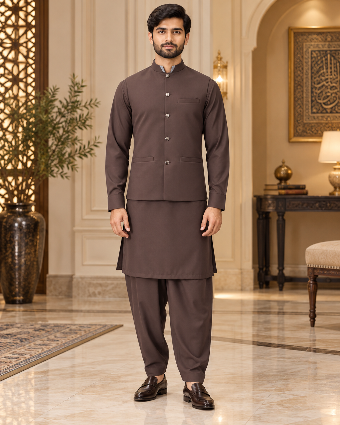 Premium Brown Shalwar Kameez with Matching Waistcoat