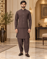 Premium Brown Shalwar Kameez with Matching Waistcoat
