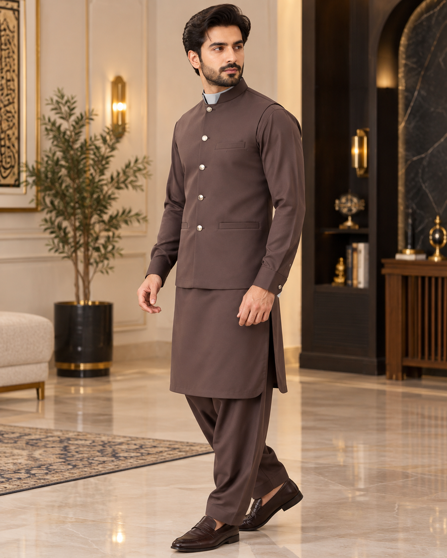 Premium Brown Shalwar Kameez with Matching Waistcoat