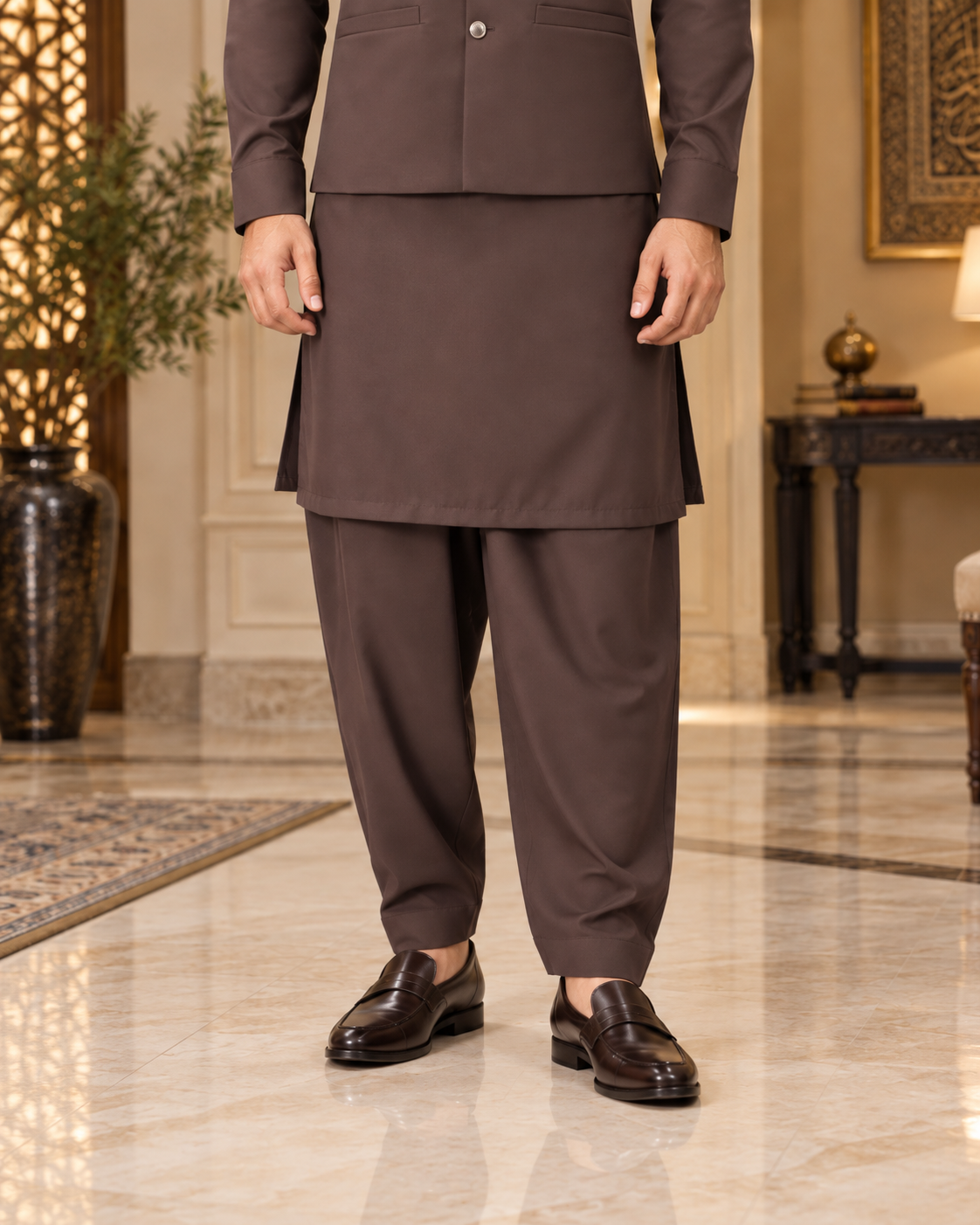 Premium Brown Shalwar Kameez with Matching Waistcoat