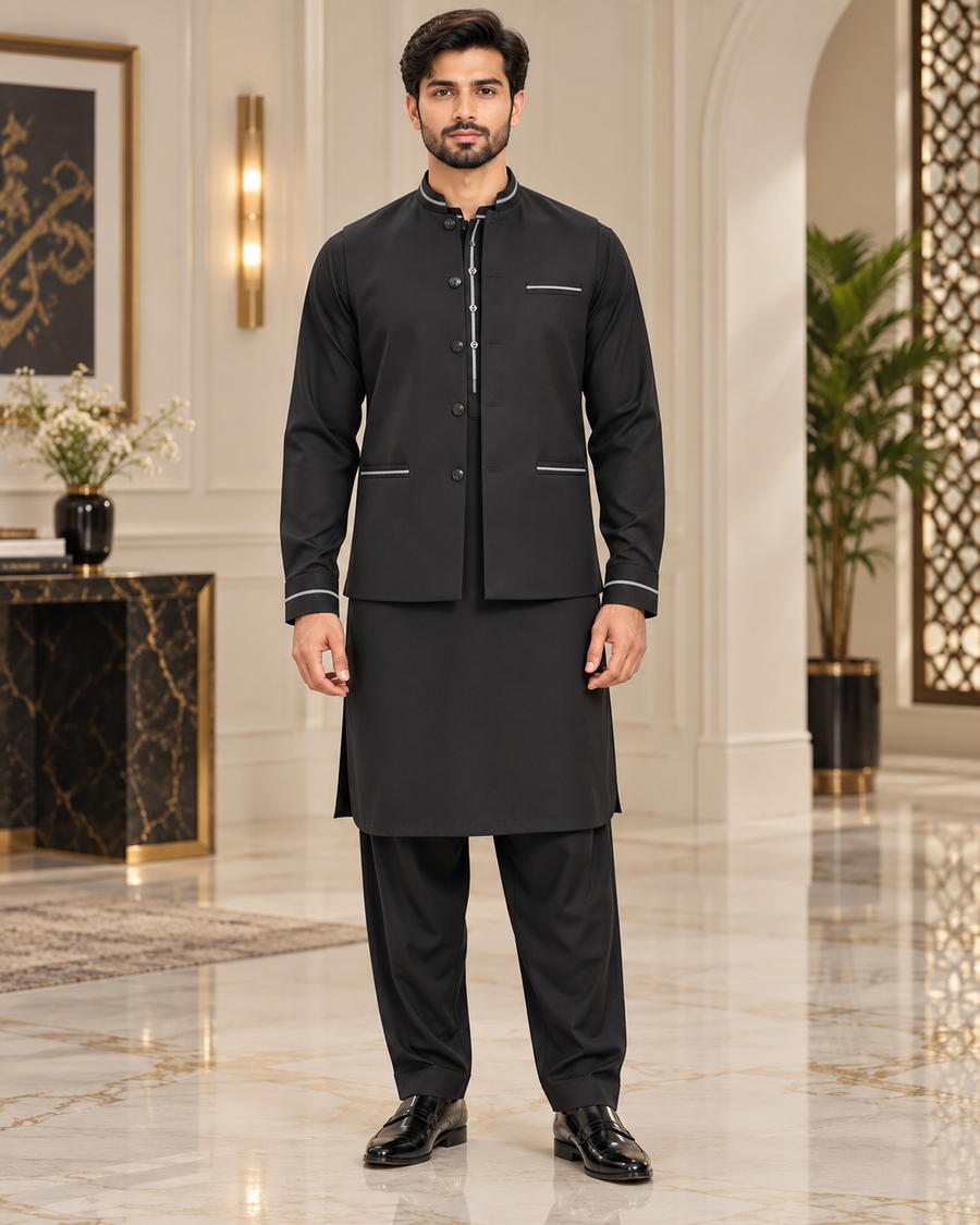 Premium Black Shalwar Kameez with Matching Waistcoat