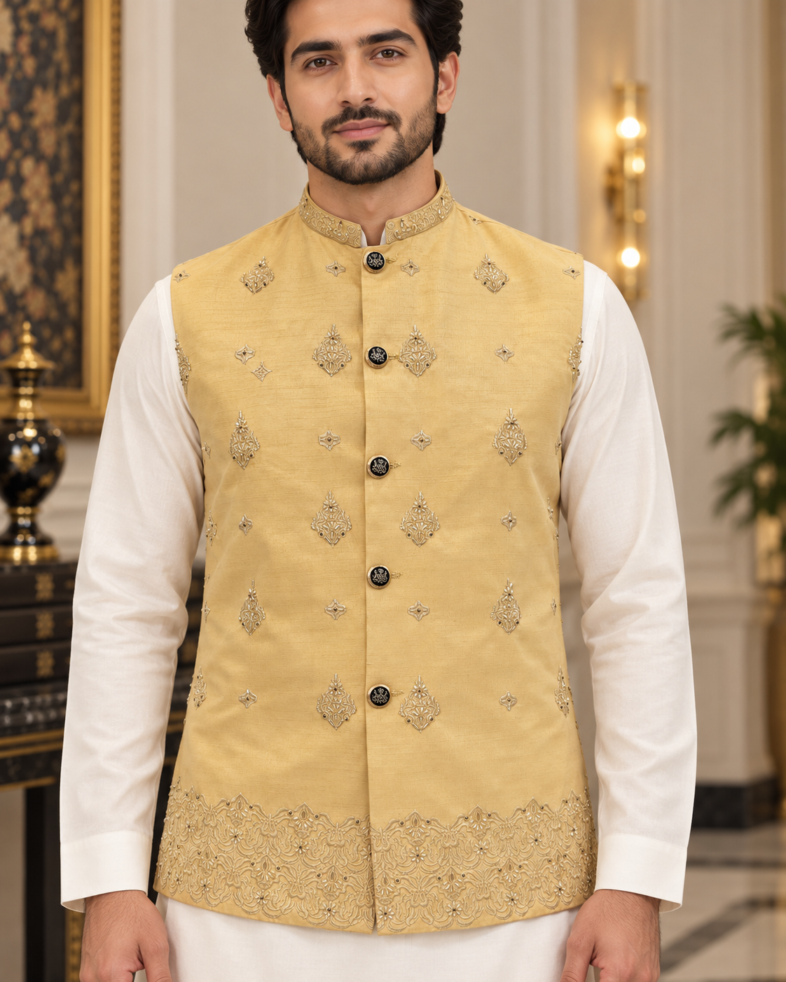 Luxury Gold Embroidered Waistcoat for Men