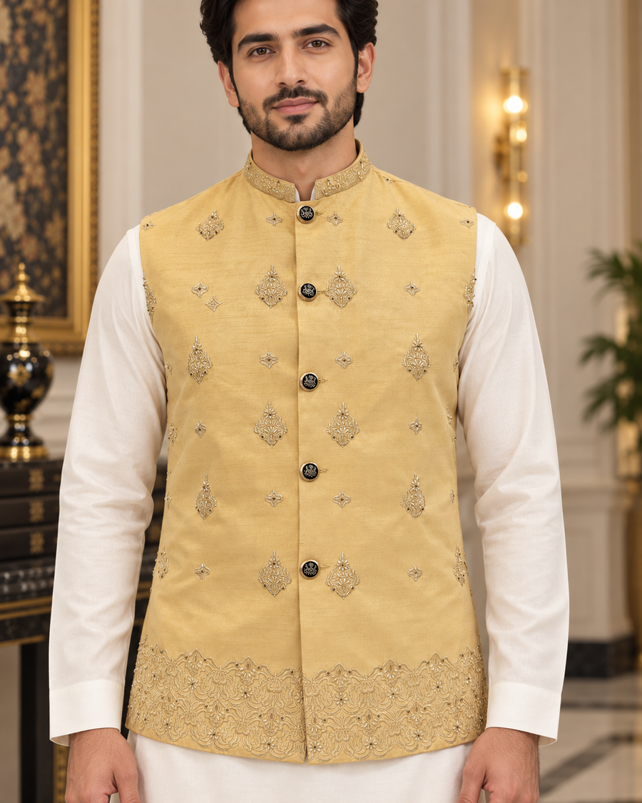 Luxury Gold Embroidered Waistcoat for Men