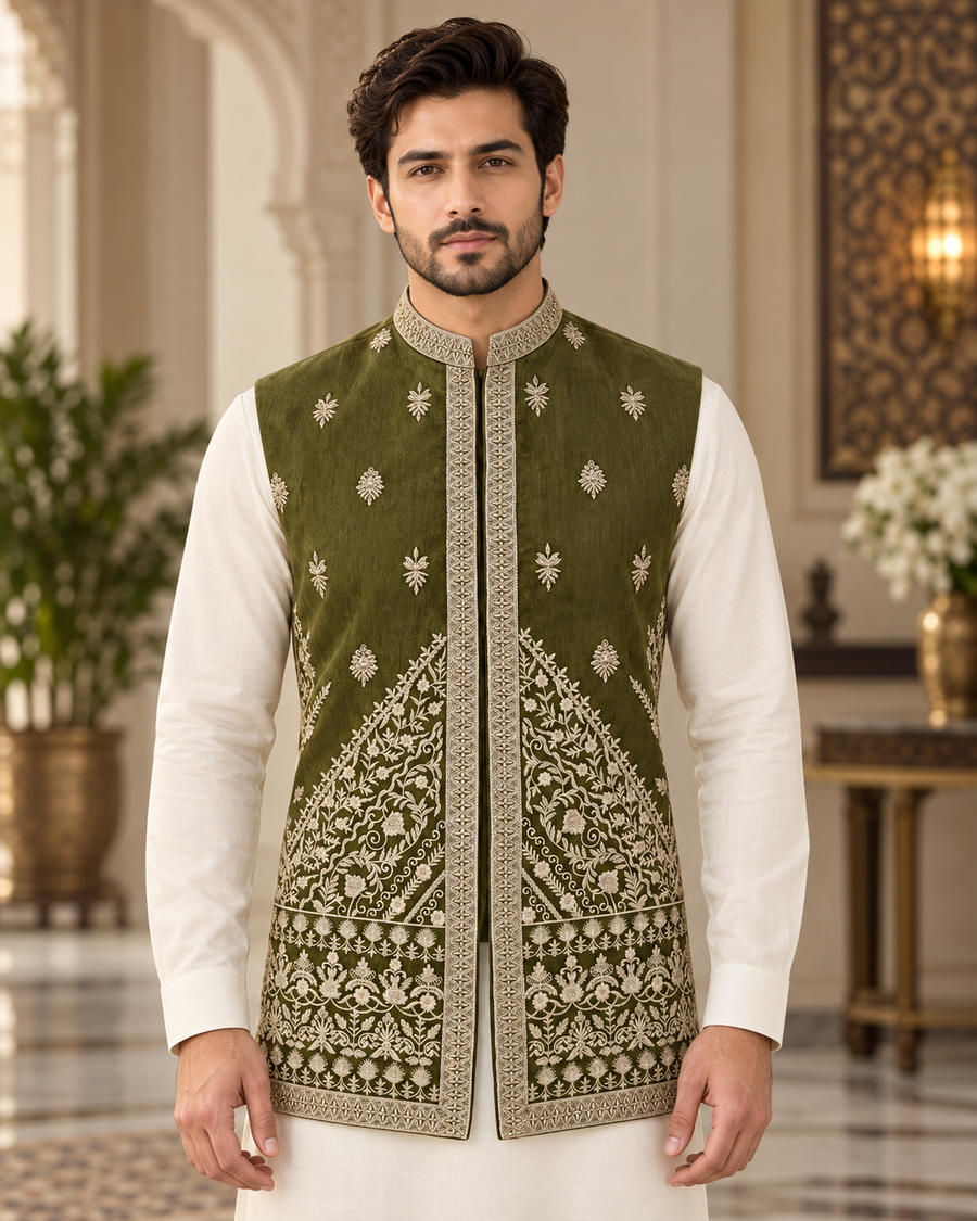 Luxury Olive Green Embroidered Waistcoat for Men