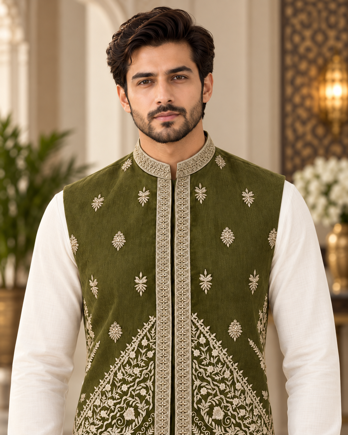 Luxury Olive Green Embroidered Waistcoat for Men