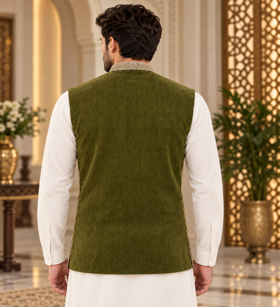 Luxury Olive Green Embroidered Waistcoat for Men