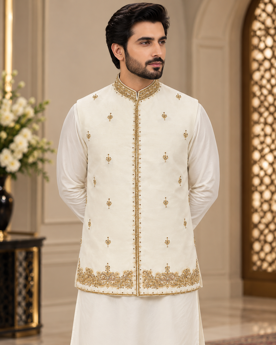 Luxury Ivory & Gold Embroidered Waistcoat for Men