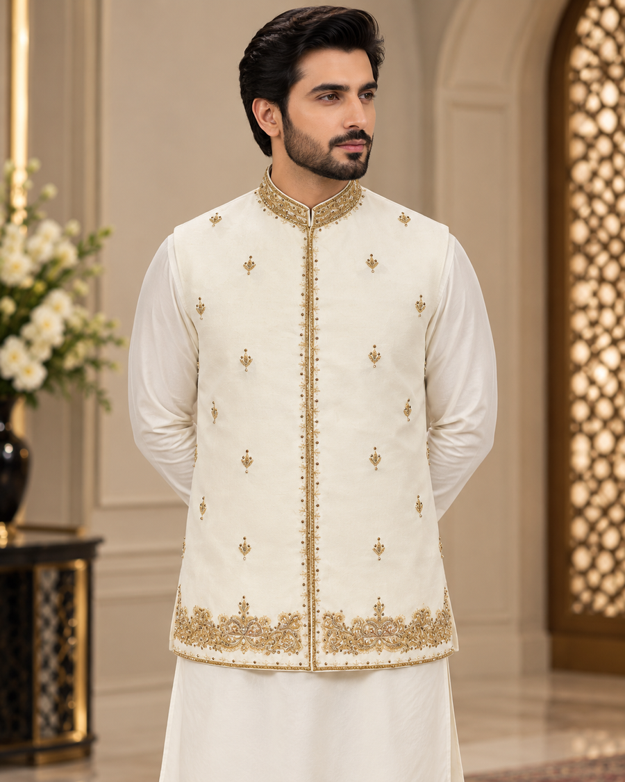Luxury Ivory & Gold Embroidered Waistcoat for Men