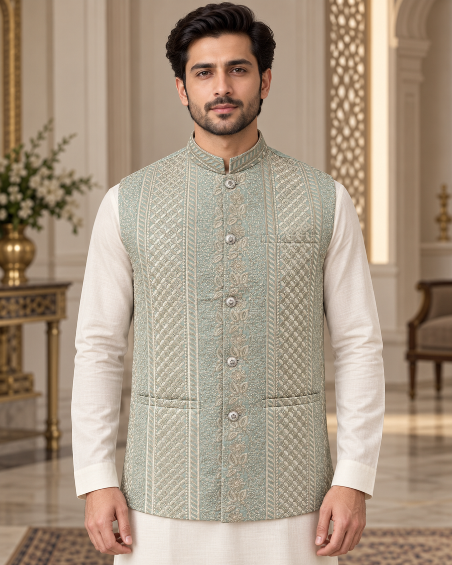 Premium Mint Embroidered Men’s Waistcoat