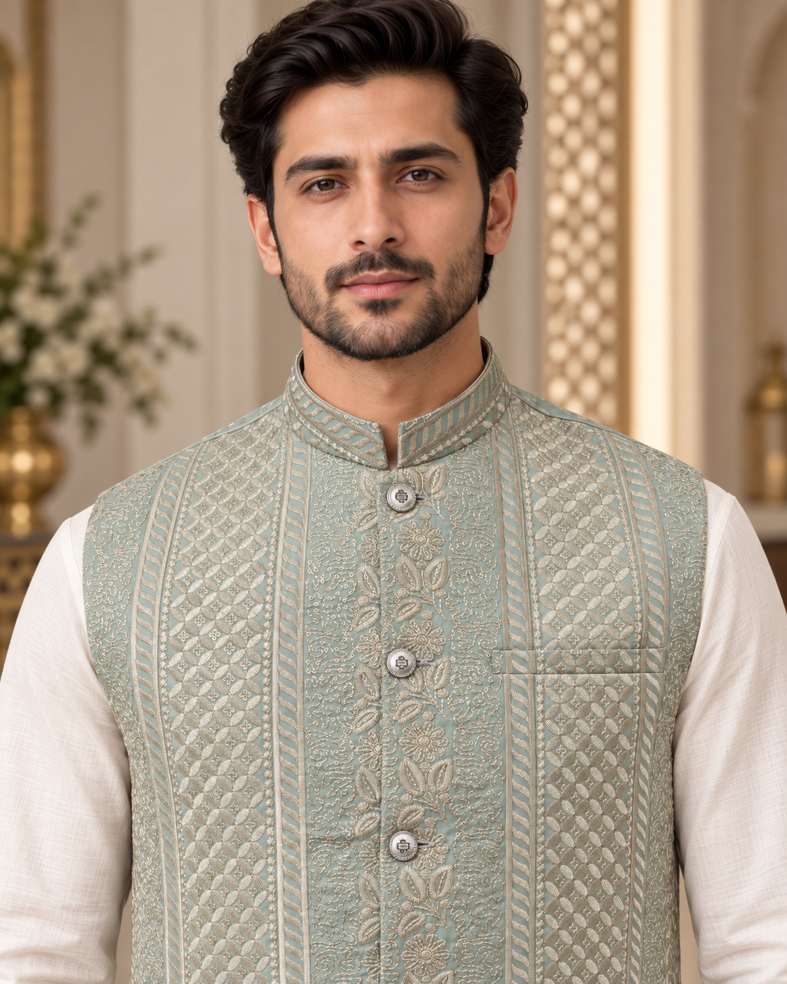 Premium Mint Embroidered Men’s Waistcoat