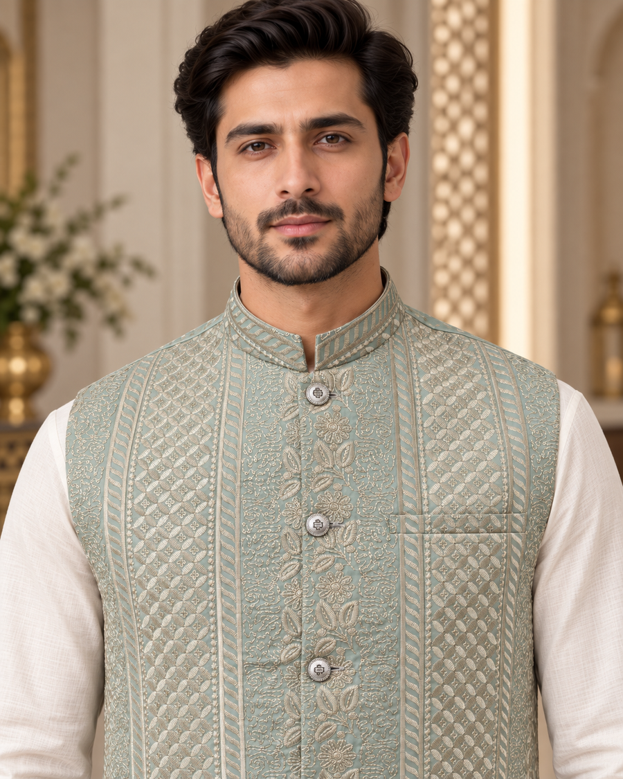 Premium Mint Embroidered Men’s Waistcoat