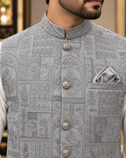 Silver Grey Embroidered Men’s Formal Waistcoat