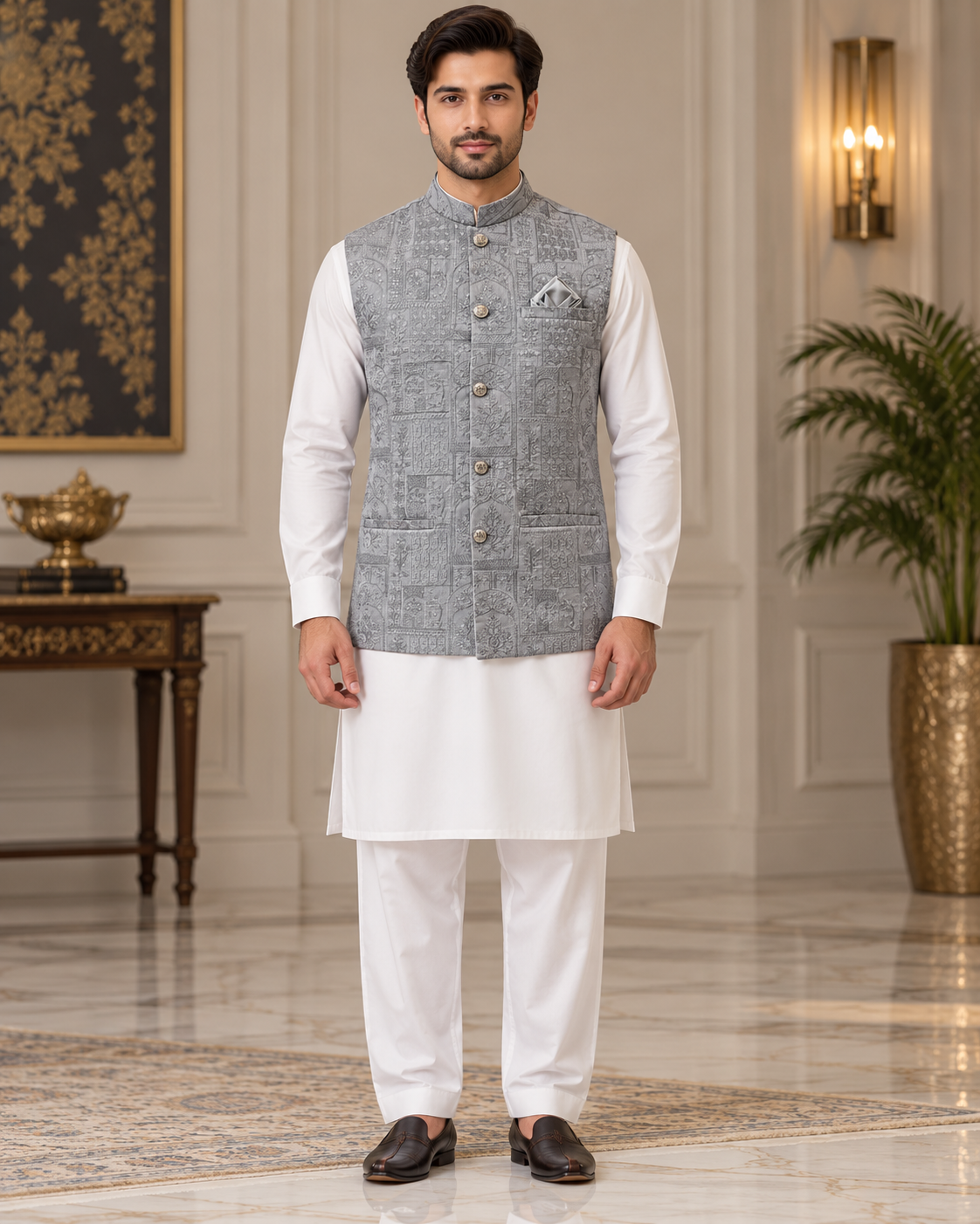 Silver Grey Embroidered Men’s Formal Waistcoat