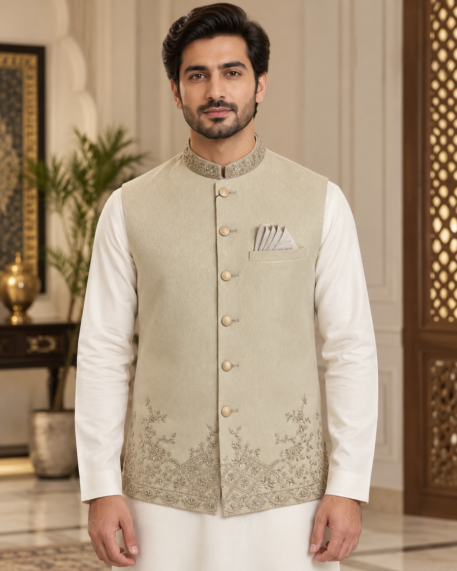 Premium Beige Embroidered Waistcoat for Men