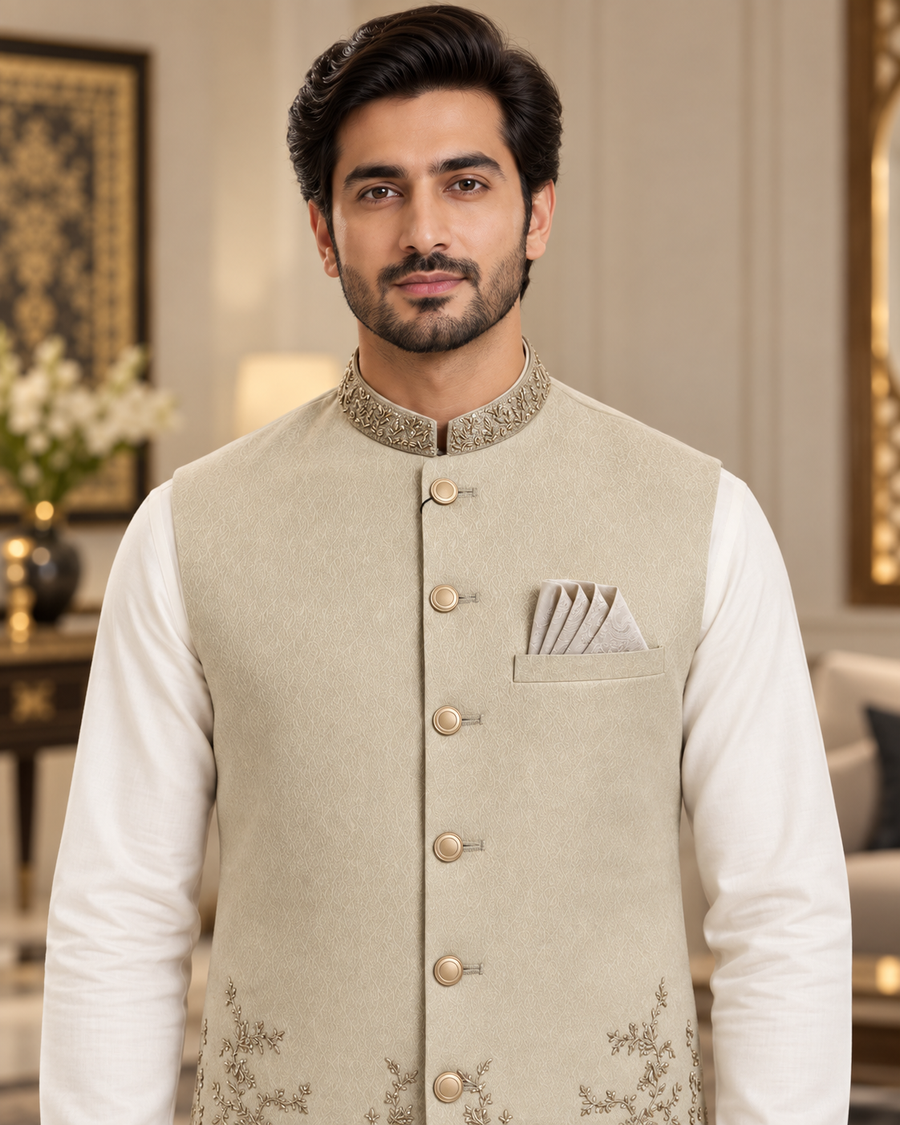 Premium Beige Embroidered Waistcoat for Men