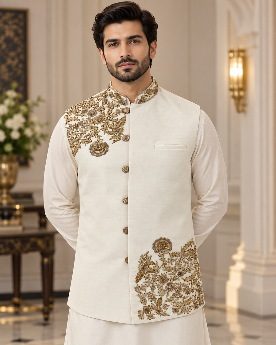 Luxury Ivory & Gold Floral Embroidered Waistcoat for Men