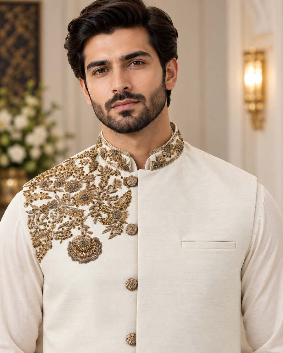 Luxury Ivory & Gold Floral Embroidered Waistcoat for Men