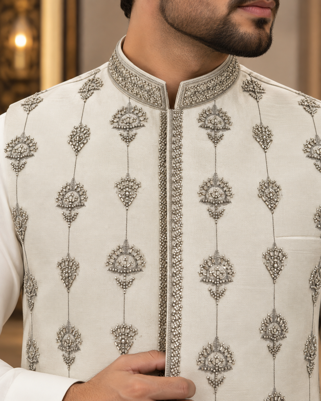 Ivory Silver Embellished Men’s Wedding Waistcoat