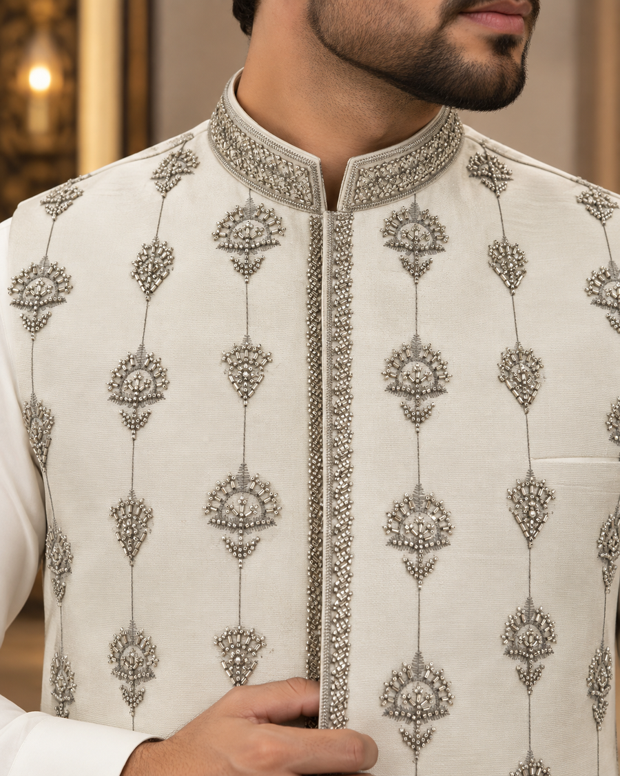 Ivory Silver Embellished Men’s Wedding Waistcoat