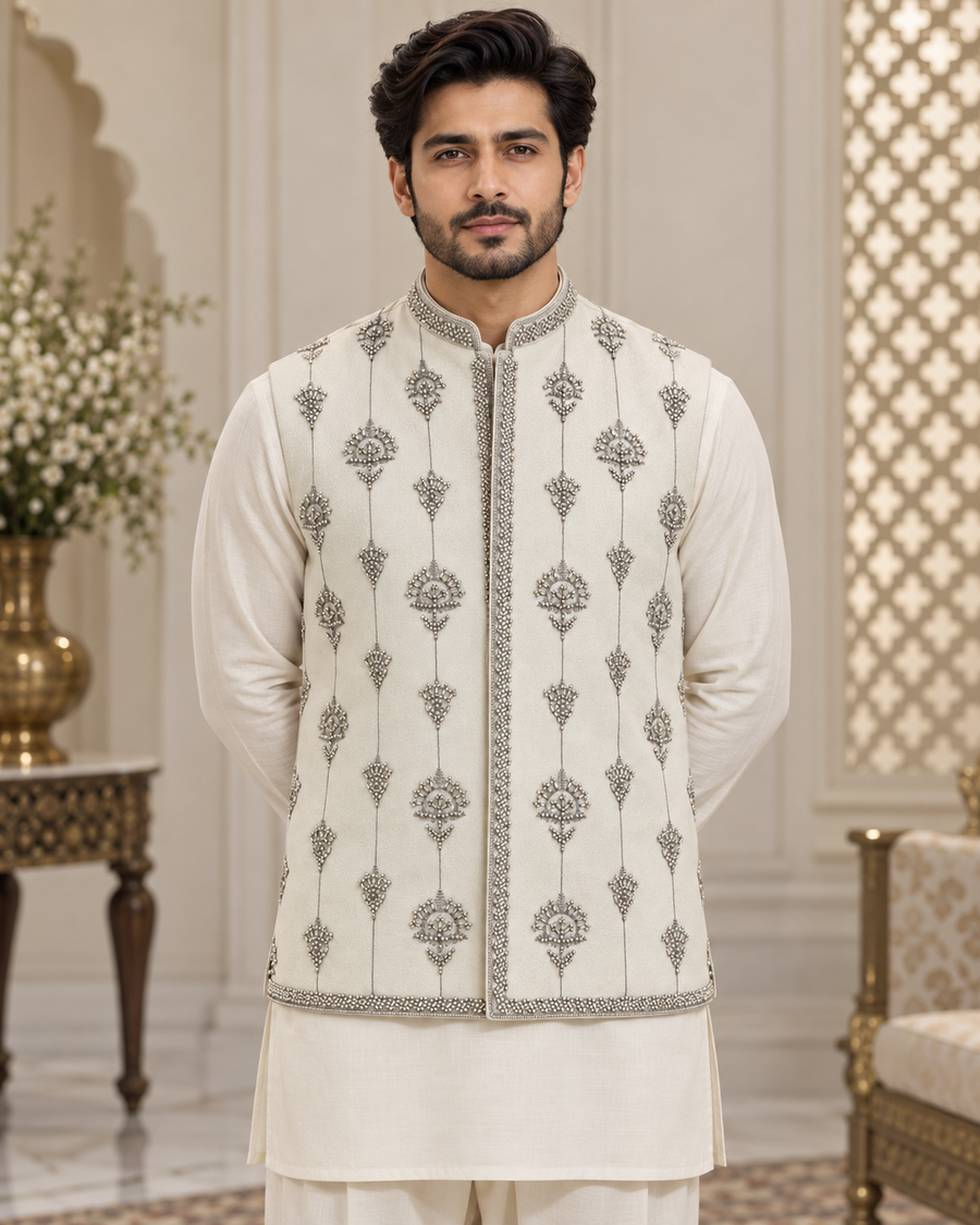 Ivory Silver Embellished Men’s Wedding Waistcoat