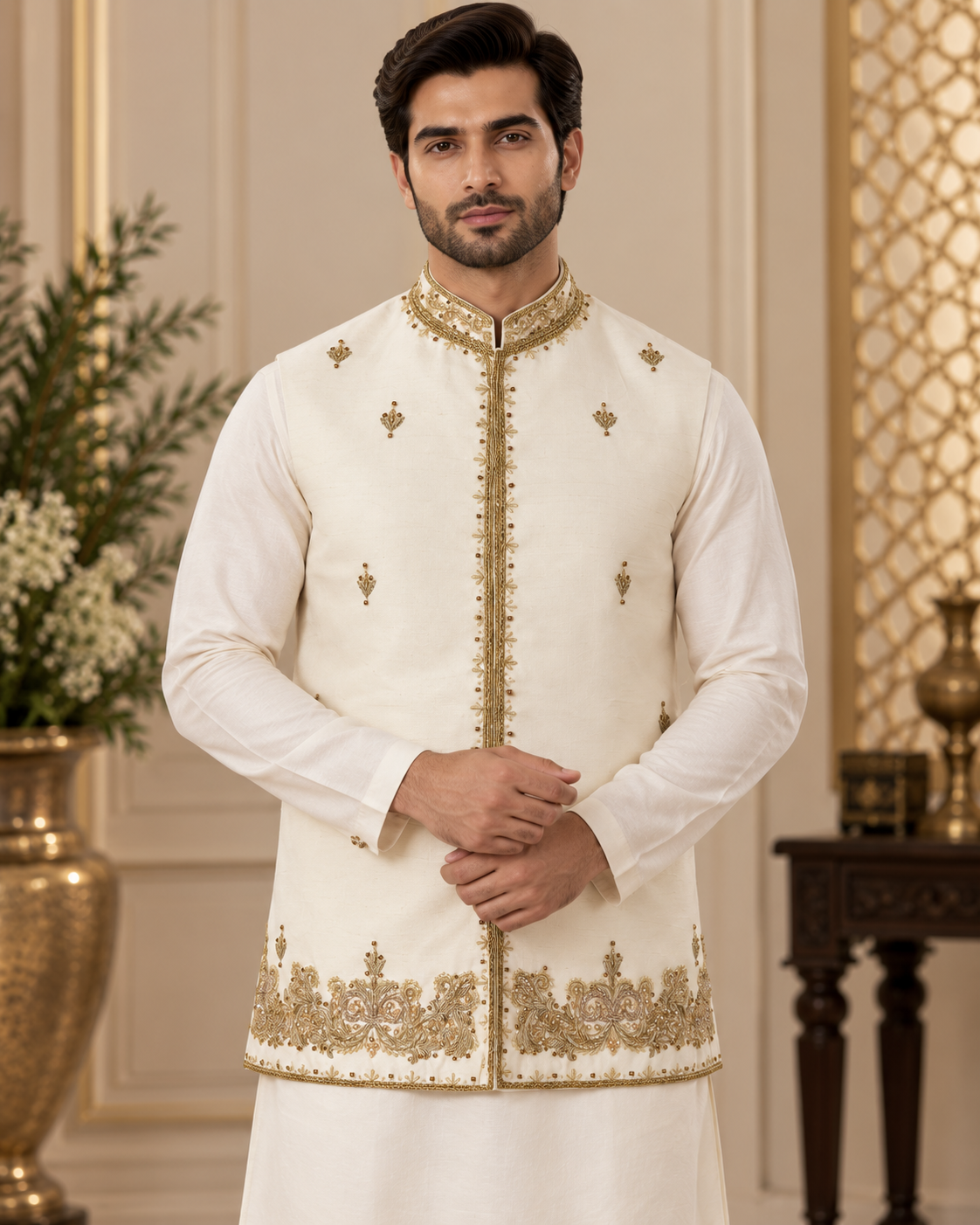 Luxury Ivory & Gold Embroidered Waistcoat for Men
