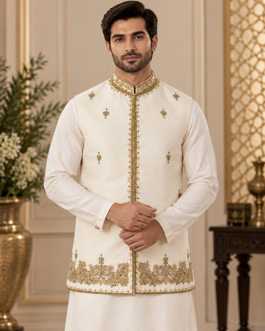 Luxury Ivory & Gold Embroidered Waistcoat for Men