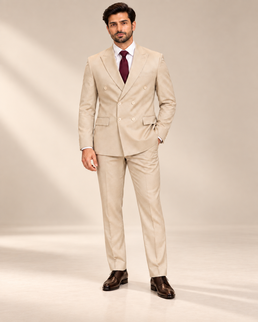 Premium Beige Double-Breasted 3 Piece Suit for Men