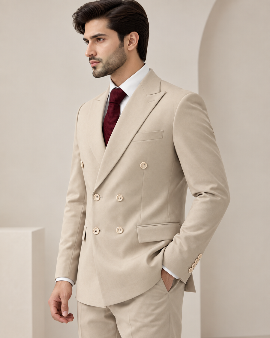 Premium Beige Double-Breasted 3 Piece Suit for Men