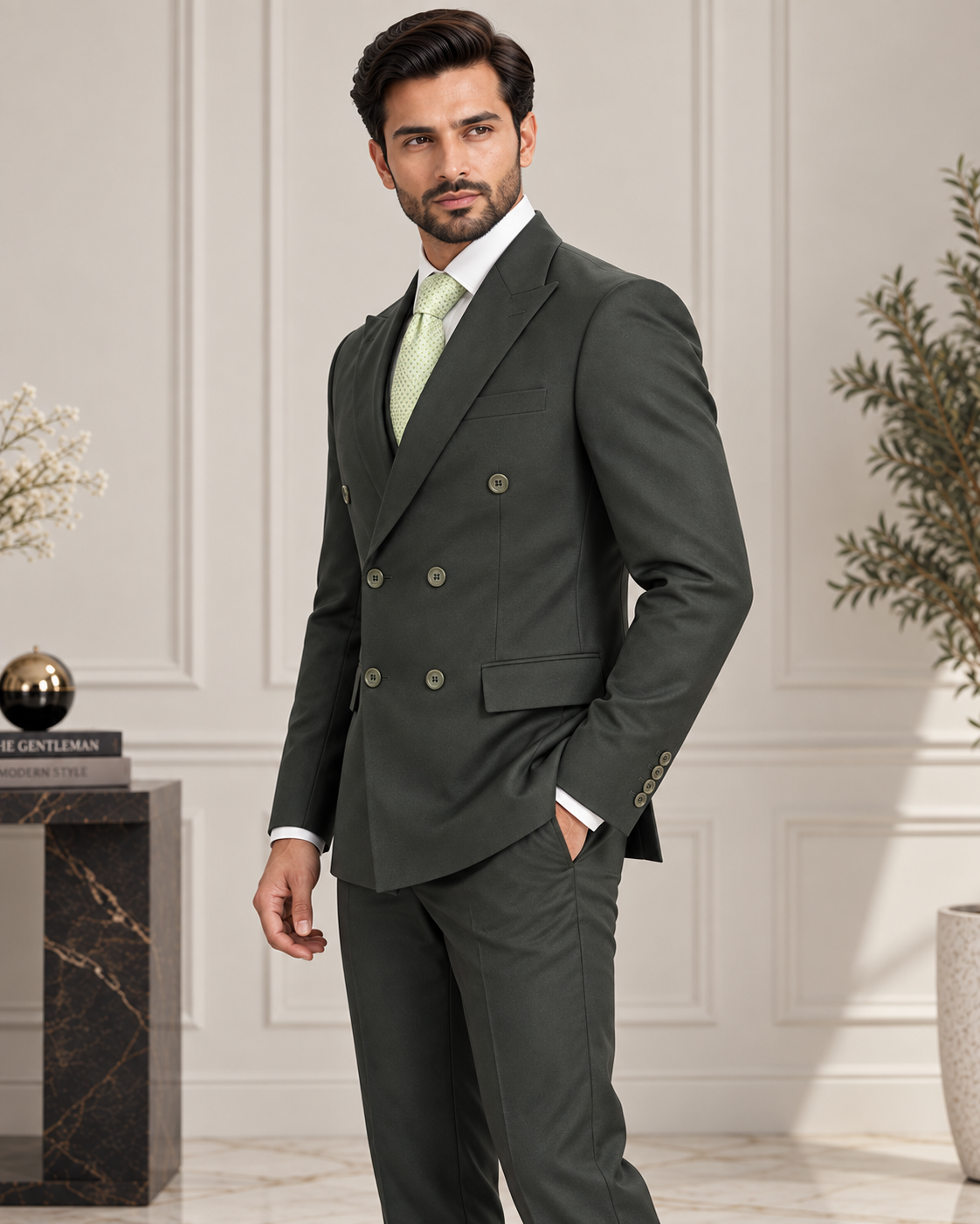 Premium Dark Olive Double-Breasted 3 Piece Suit for Men