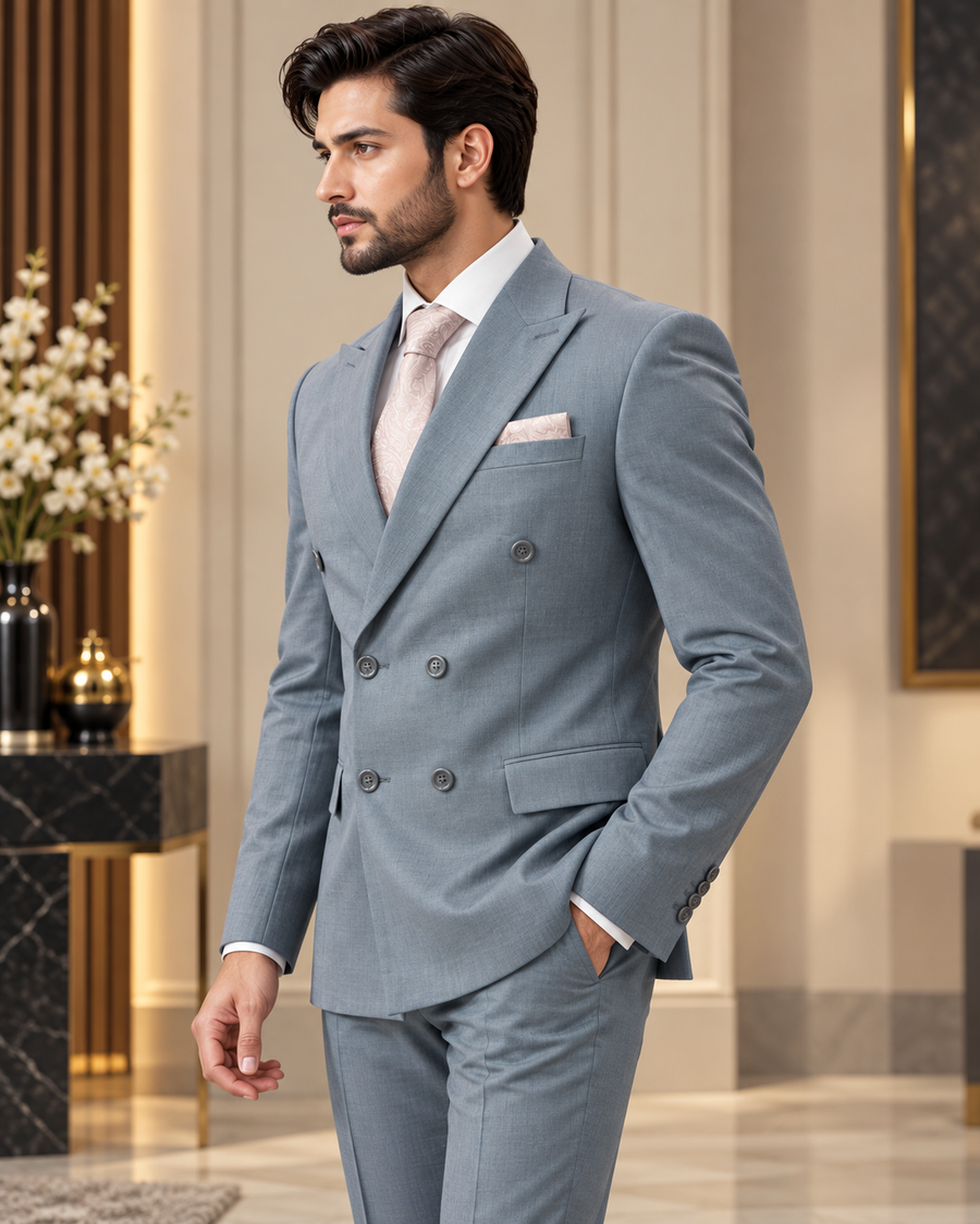 Premium Light Blue Double-Breasted 3 Piece Suit for Men
