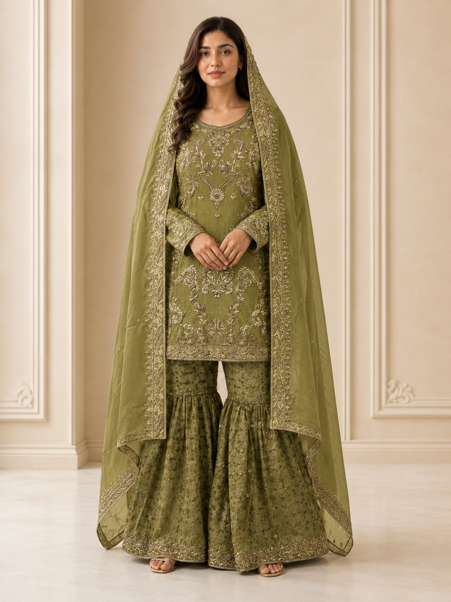 Olive Green Handmade Mehndi Dress Gharara Set