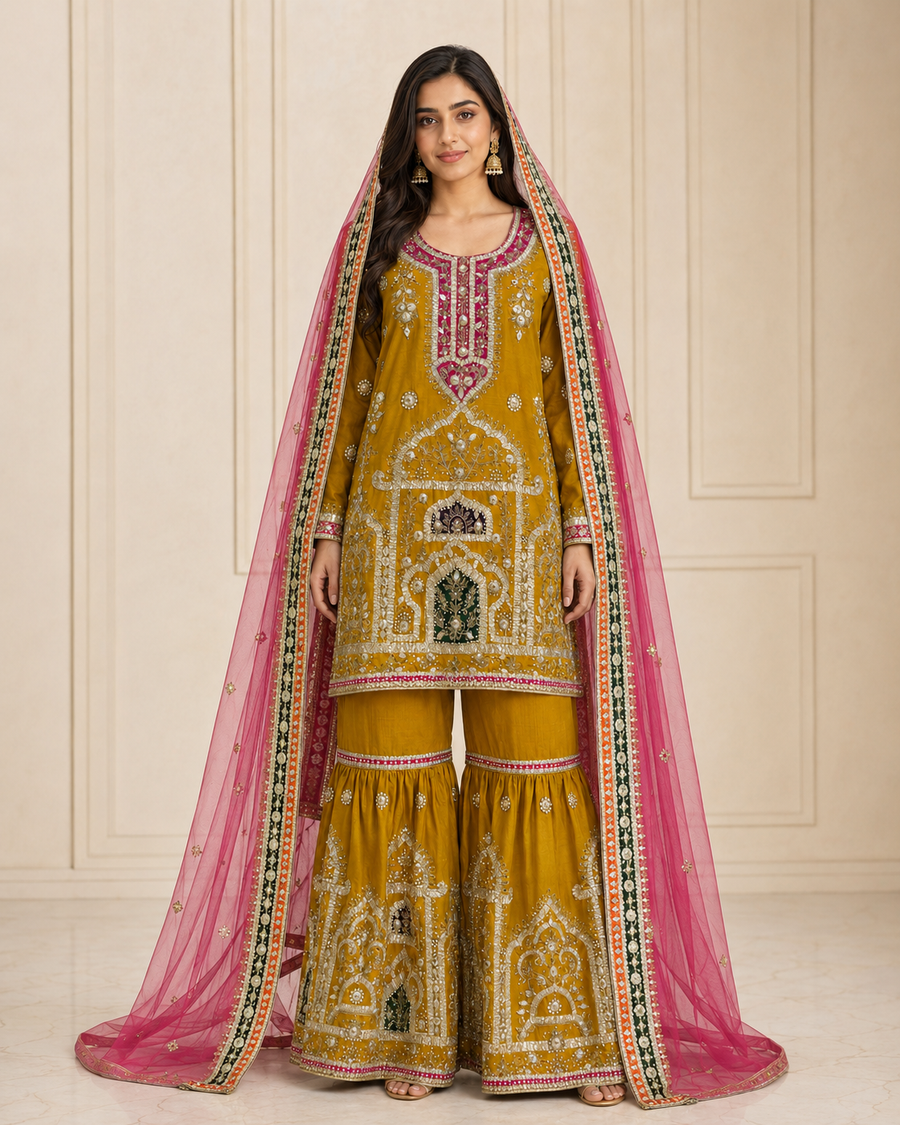 Mustard Handmade Mehndi Dress Gharara Set
