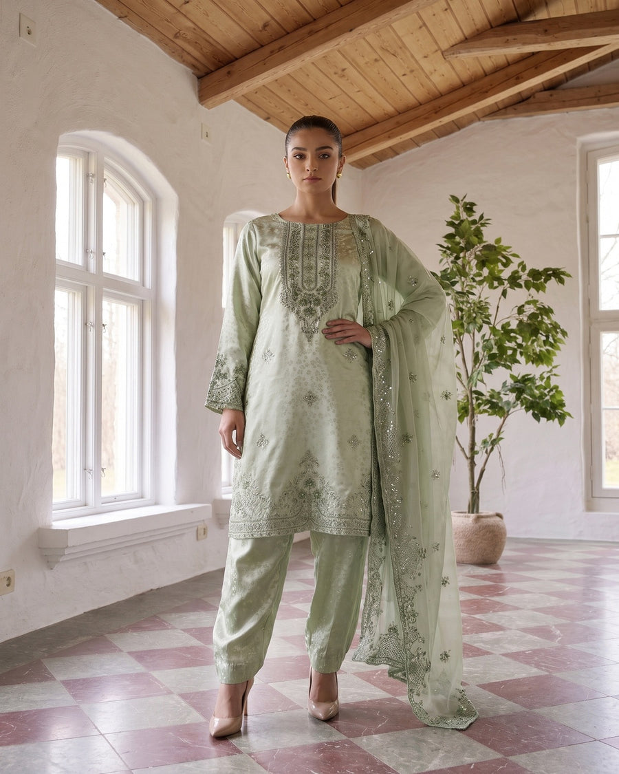 Zainab Collection by Shahid Tawakkal – Fancy Embroidered China Pati 3 Piece Unstitched Suit 2026