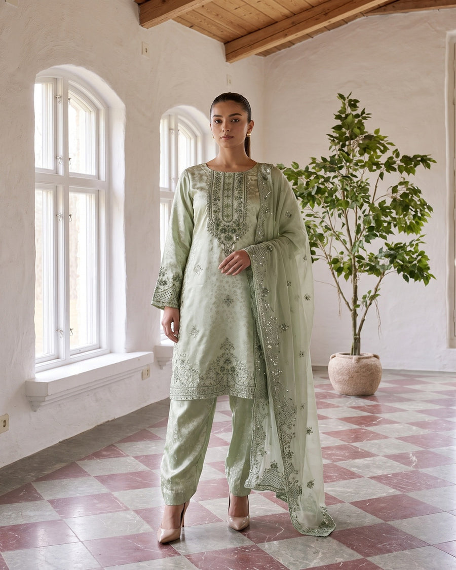 Zainab Collection by Shahid Tawakkal – Fancy Embroidered China Pati 3 Piece Unstitched Suit 2026