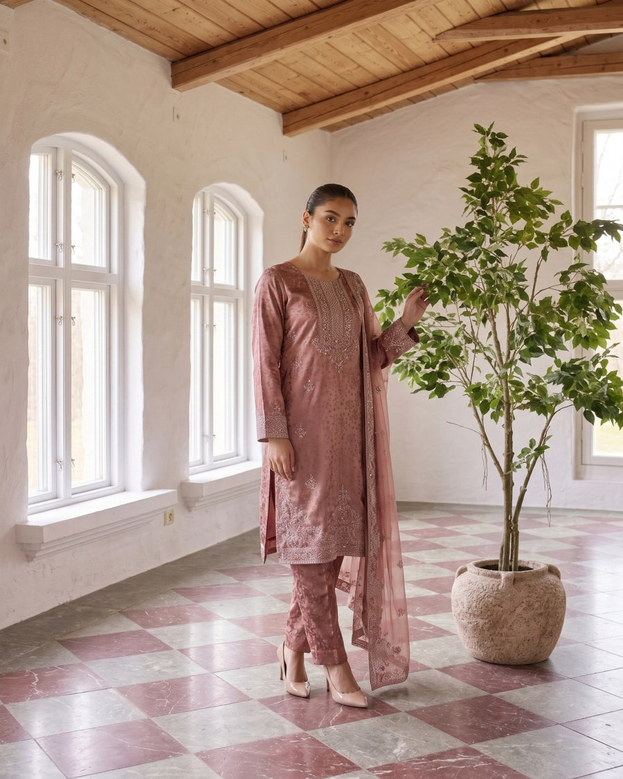 Zainab Collection by Shahid Tawakkal – Fancy Embroidered China Pati 3 Piece Unstitched Suit 2026