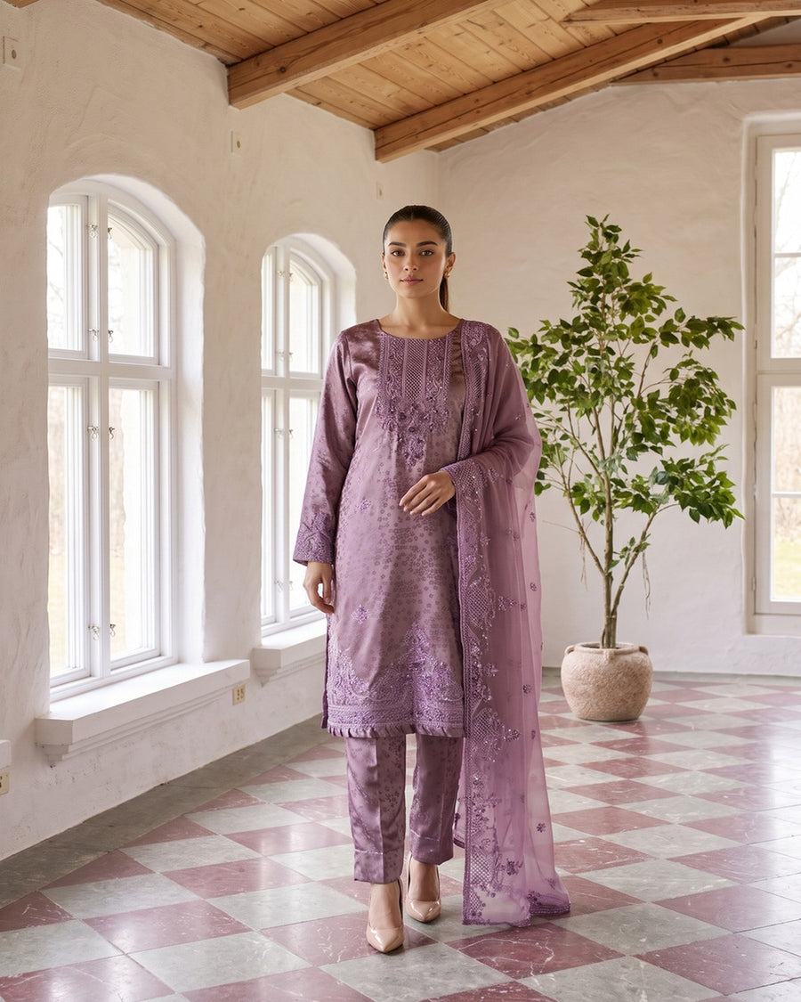 Zainab Collection by Shahid Tawakkal – Fancy Embroidered China Pati 3 Piece Unstitched Suit 2026