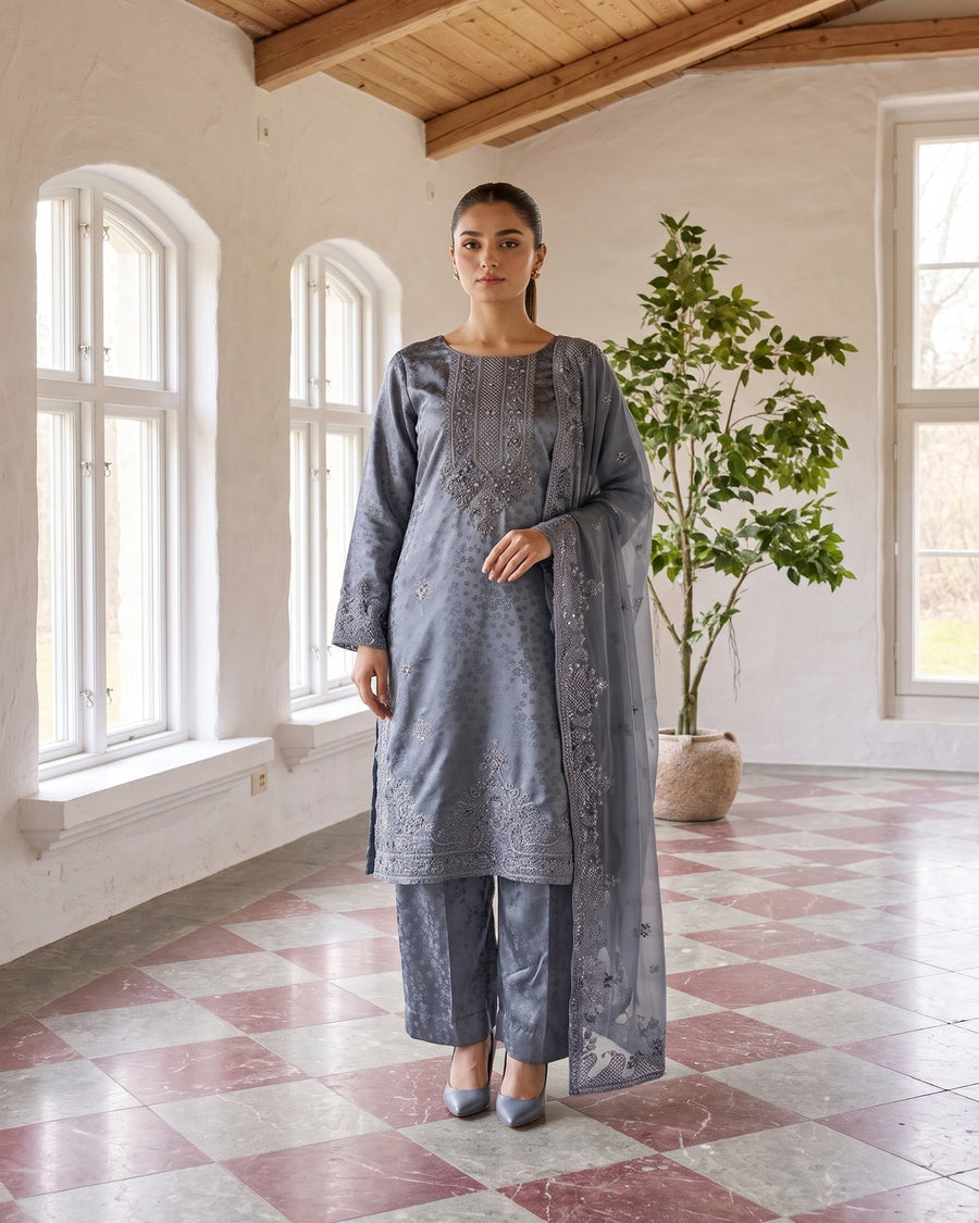Zainab Collection by Shahid Tawakkal – Fancy Embroidered China Pati 3 Piece Unstitched Suit 2026