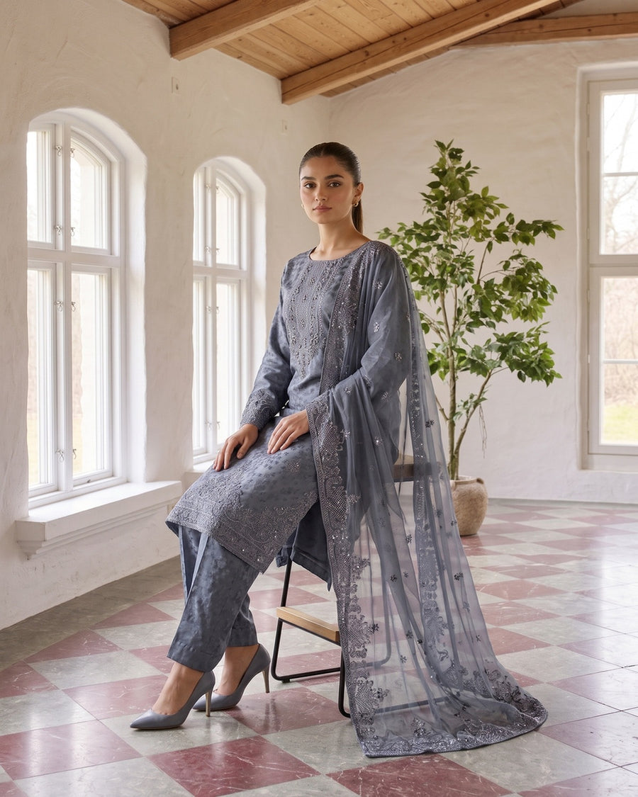 Zainab Collection by Shahid Tawakkal – Fancy Embroidered China Pati 3 Piece Unstitched Suit 2026