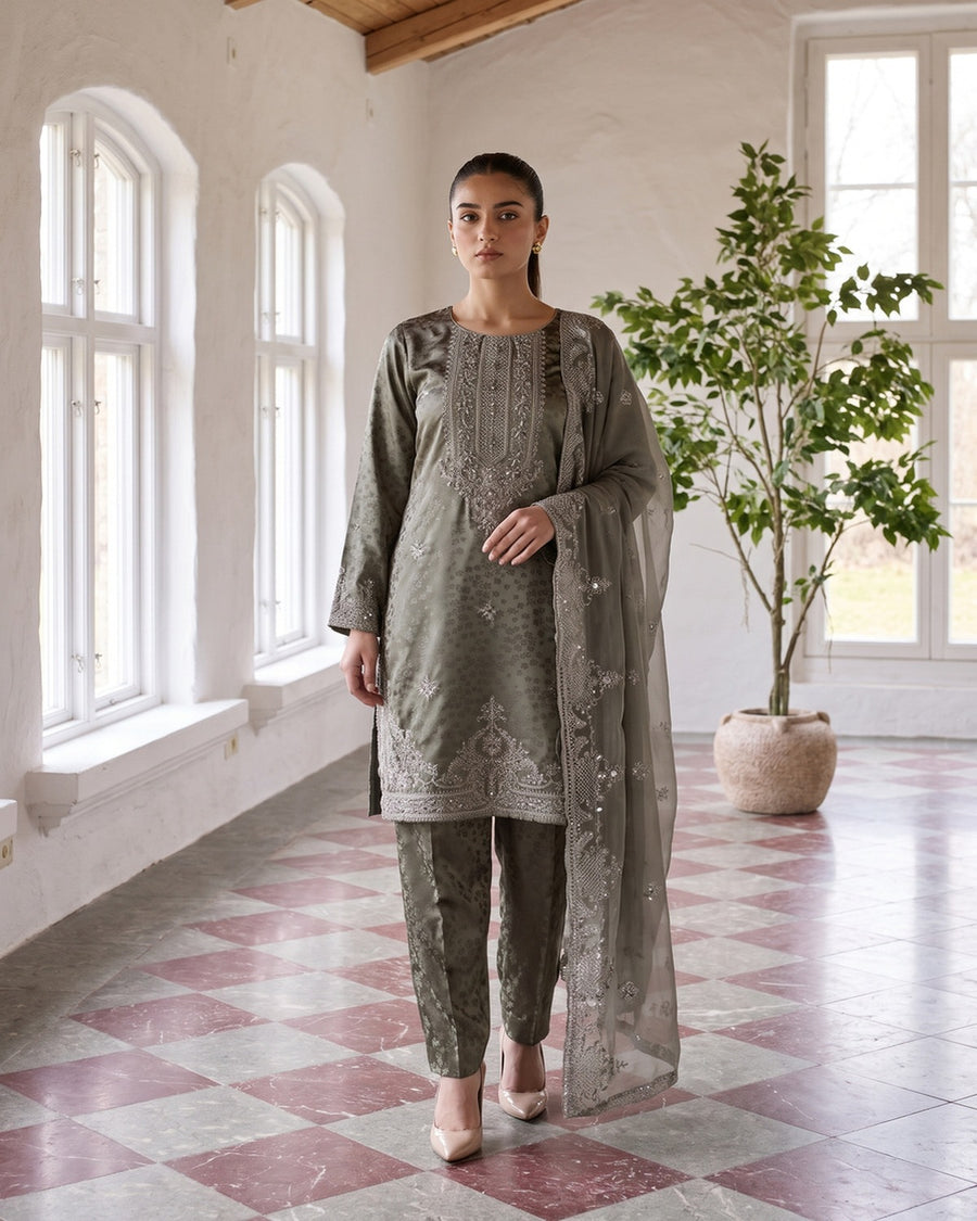 Zainab Collection by Shahid Tawakkal – Fancy Embroidered China Pati 3 Piece Unstitched Suit 2026
