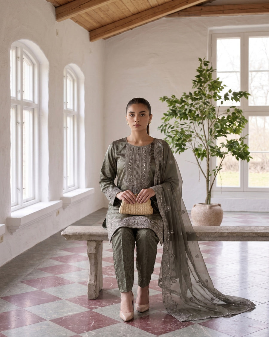 Zainab Collection by Shahid Tawakkal – Fancy Embroidered China Pati 3 Piece Unstitched Suit 2026