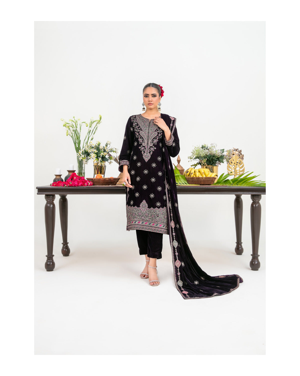 Luxury Heavy Embroidered Velvet 3 Piece Unstitched Suit – Shahid Tawakkal Winter Collection