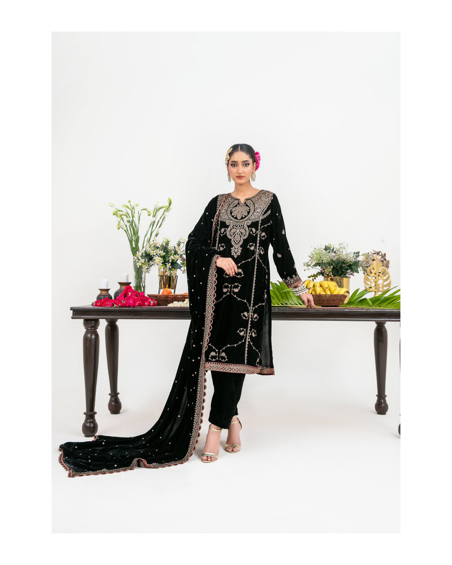 Luxury Heavy Embroidered Velvet 3 Piece Unstitched Suit – Shahid Tawakkal Winter Collection