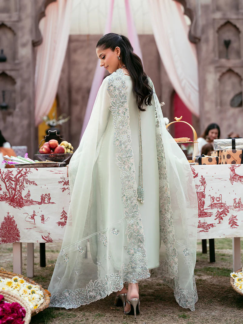 Elegant Silk Embroidered 3 Piece Suit with Organza Dupatta & Sequin Palazzo