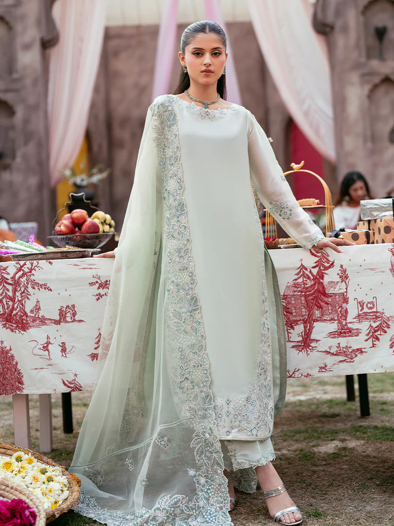 Elegant Silk Embroidered 3 Piece Suit with Organza Dupatta & Sequin Palazzo