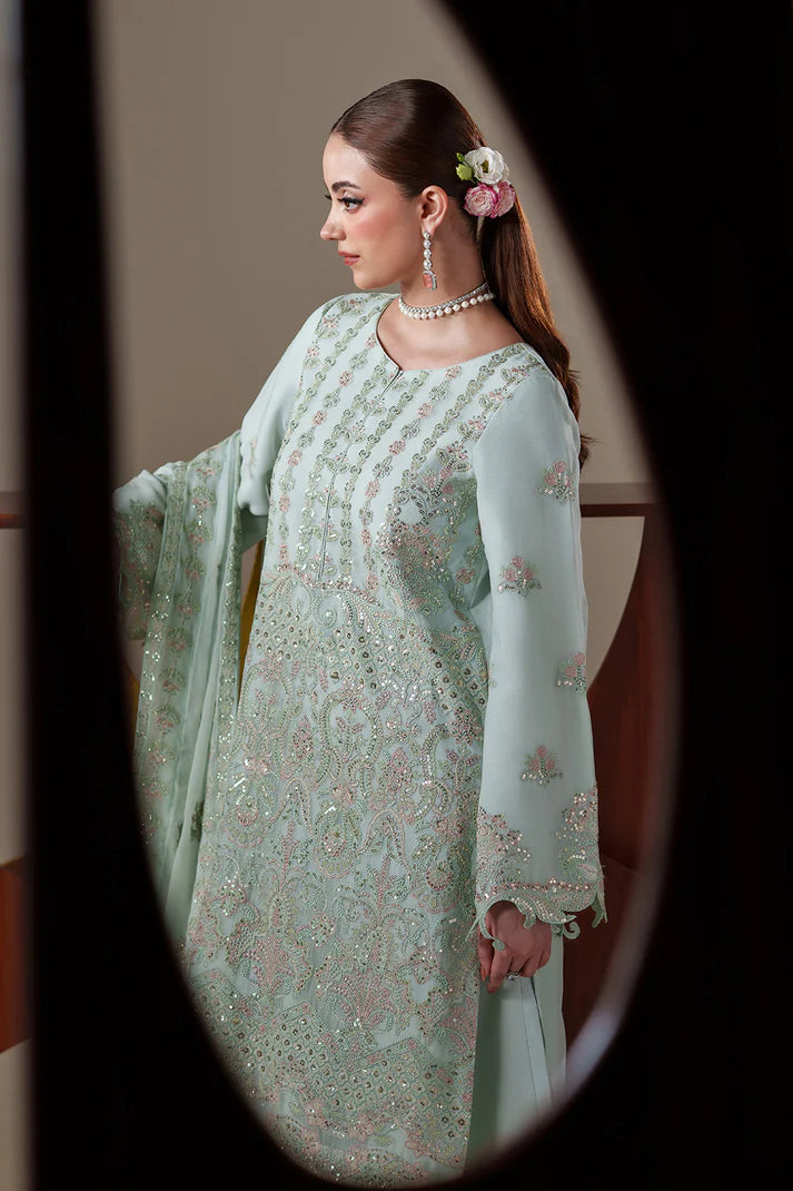 Luxury Chiffon Embroidered 3 Piece Unstitched Dress with Organza Dupatta Border & Raw Silk Trouser